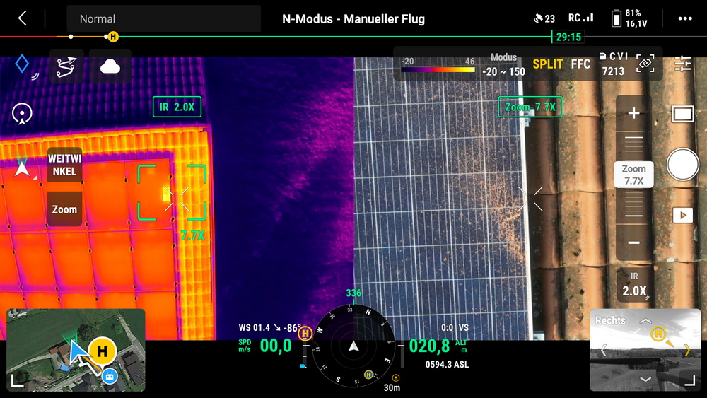 Thermografie PV Anlage im Wärme- und Normabild